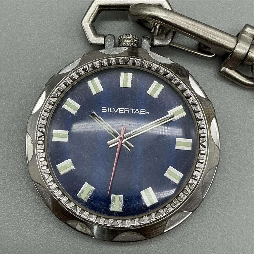 Silvertab Pocket Watch Men 44mm Silver Tone Open Face Blue Chain New Battery